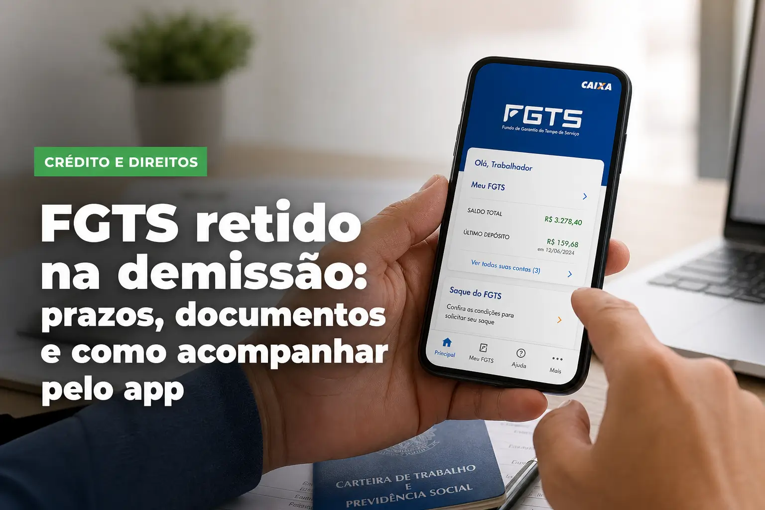 Smartphone com app Caixa FGTS exibindo informações do FGTS