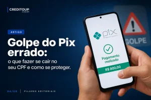 Mão segurando celular com app Pix mostrando 'Pagamento realizado' e golpe do Pix
