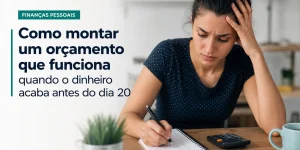 Mulher preocupada escrevendo orçamento doméstico com textos de finanças