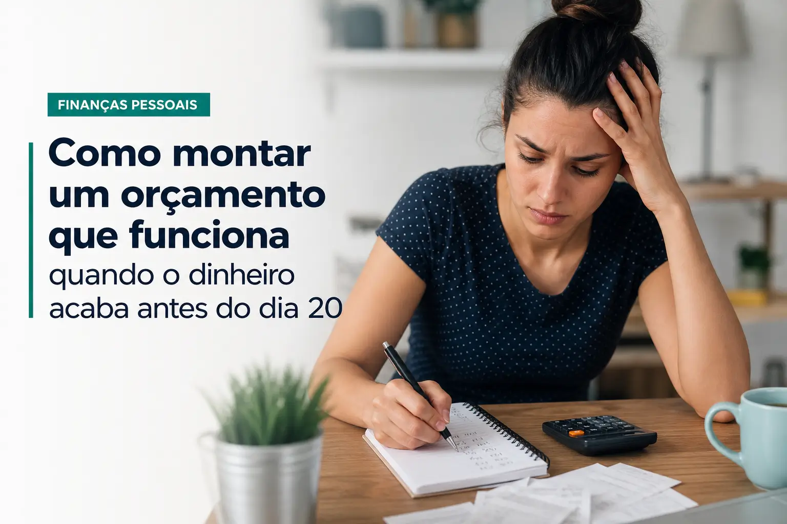 Mulher preocupada escrevendo orçamento doméstico com textos de finanças