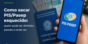 Smartphone com logo PIS/PASEP e texto promocional em português