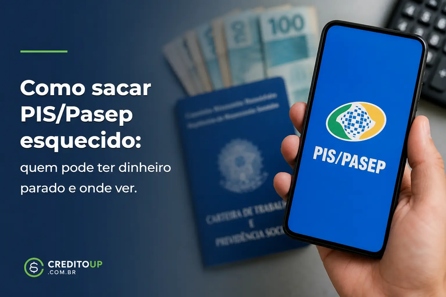 Smartphone com logo PIS/PASEP e texto promocional em português
