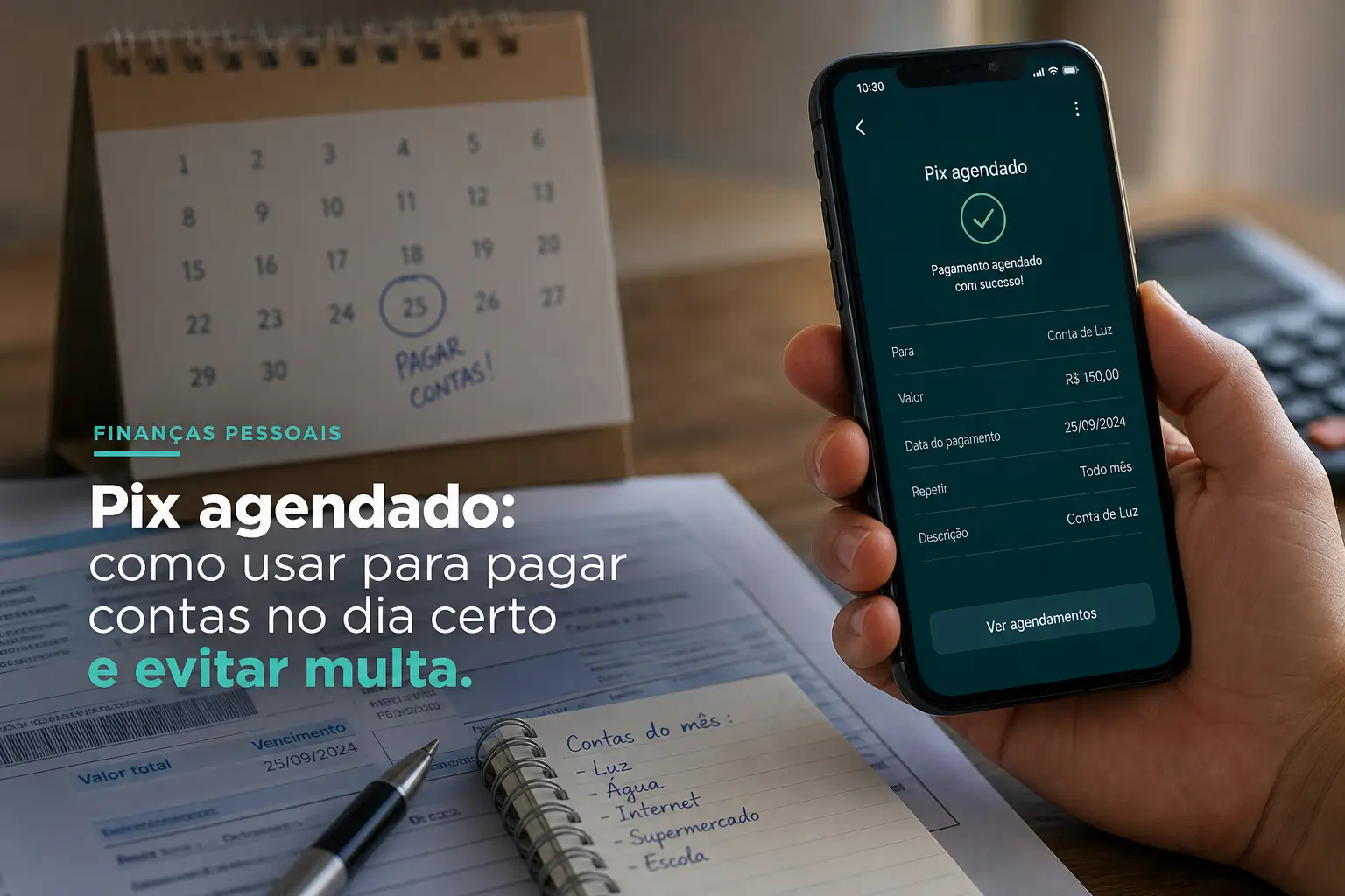 Smartphone com confirmação de pagamento Pix agendado e calendário