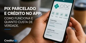 Smartphone mostrando Pix parcelado no app com opções e QR code