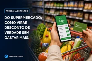 Pessoa com smartphone mostrando 1.250 pontos do programa de supermercado