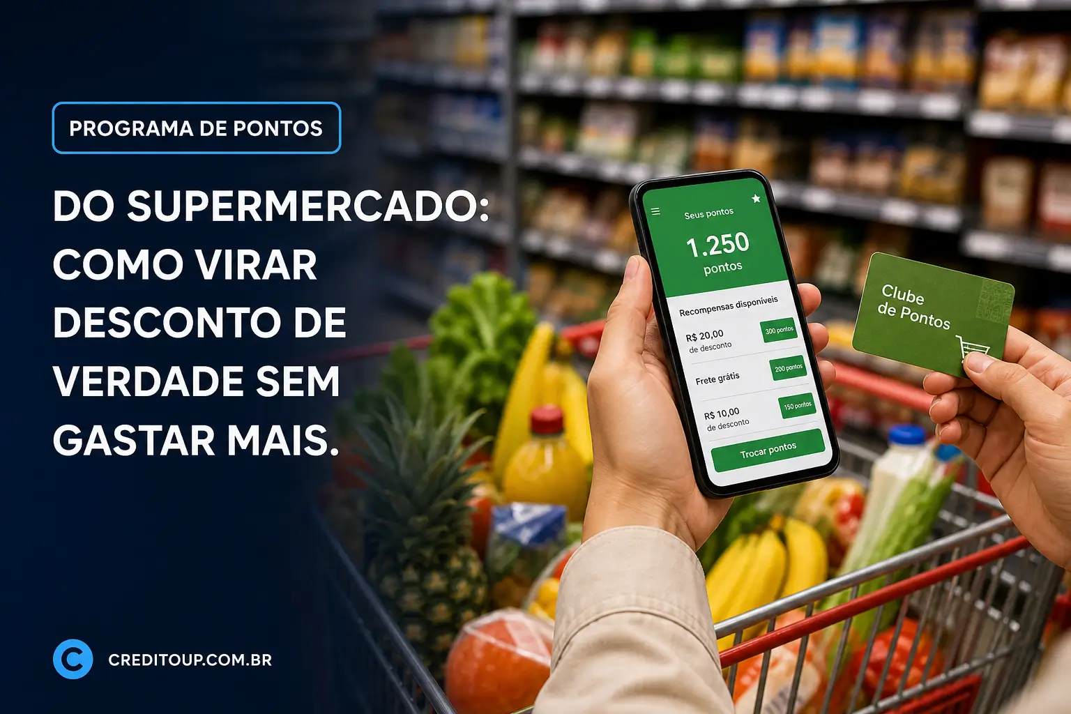 Pessoa com smartphone mostrando 1.250 pontos do programa de supermercado