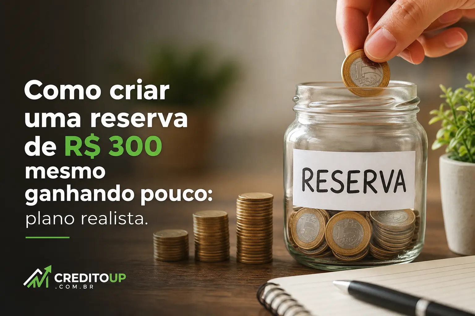 Mão segurando moedas brasileiras sobre pote 'RESERVA'