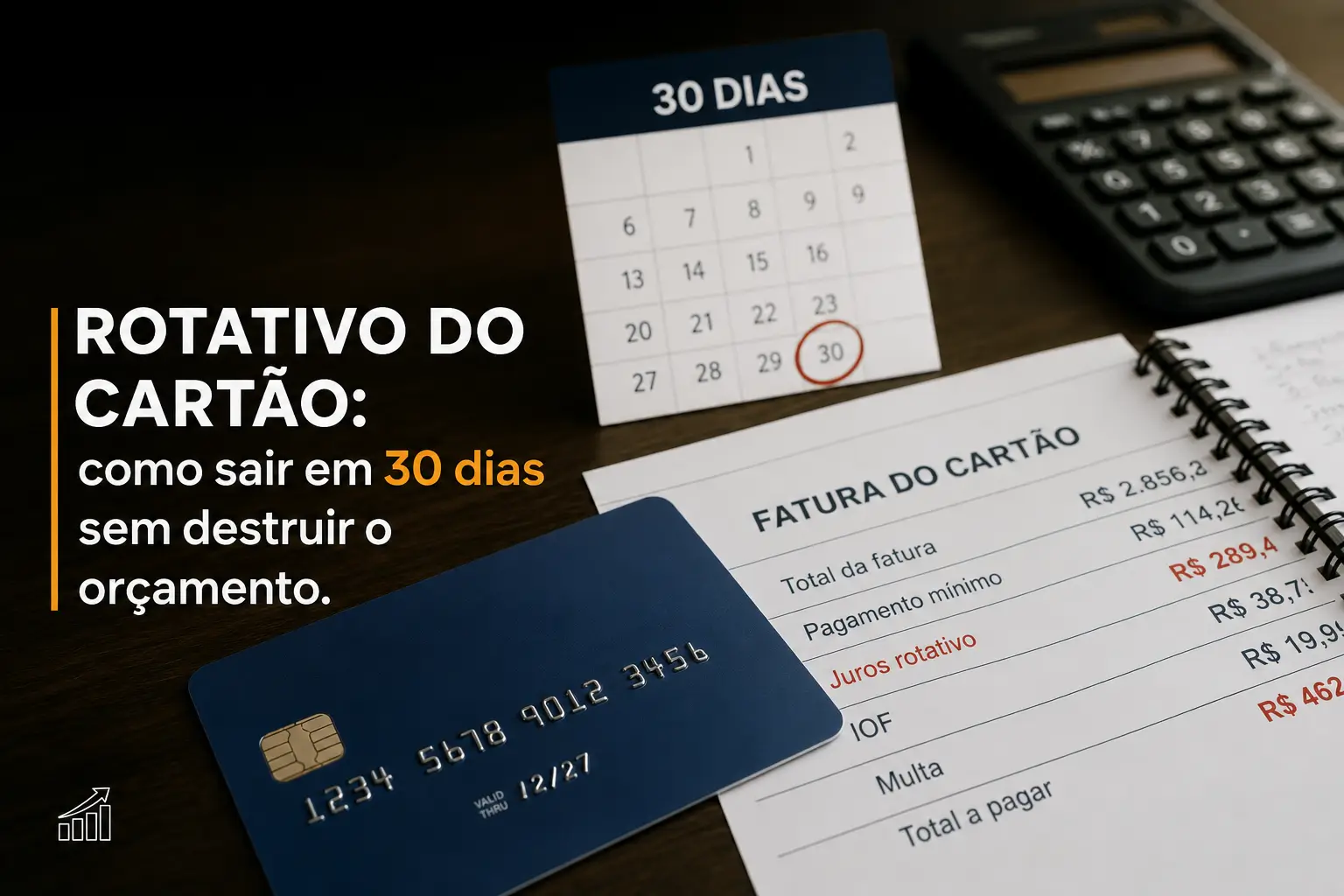 cartão de crédito azul e calendário '30 dias' sobre mesa