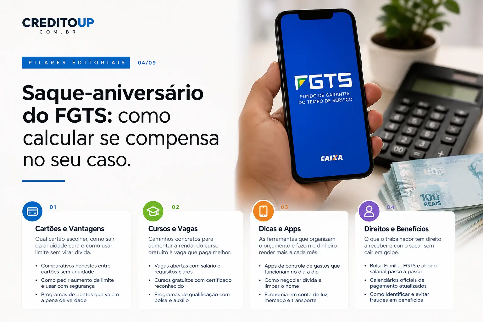 Pessoa segurando smartphone com app FGTS e saque-aniversário CrediTop