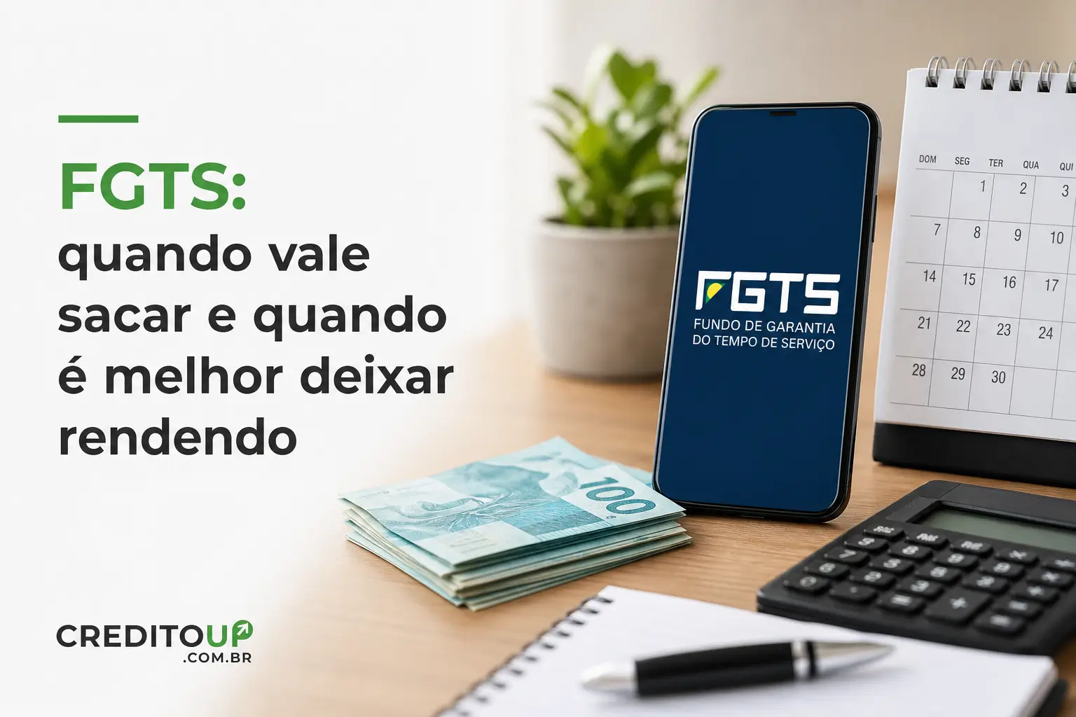 Celular com logo FGTS, calendário e dinheiro na mesa