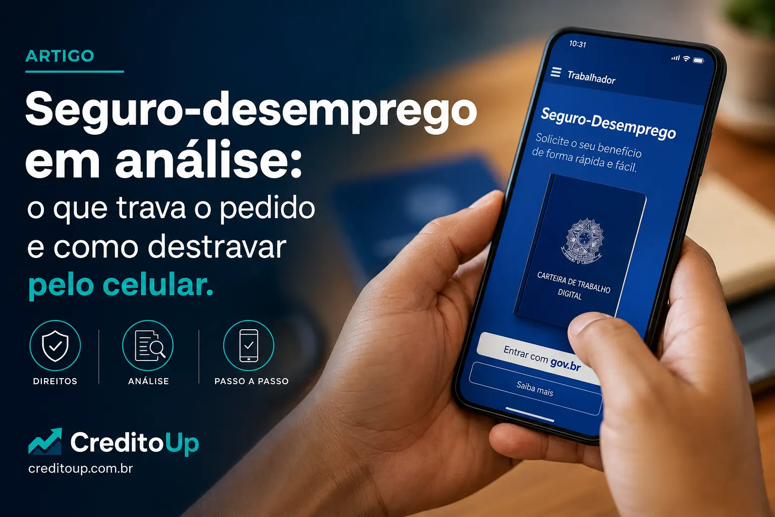 Homem com app Trabalhador mostrando Seguro-Desemprego
