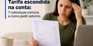 Mulher preocupada segura extrato bancário com texto sobre tarifa escondida