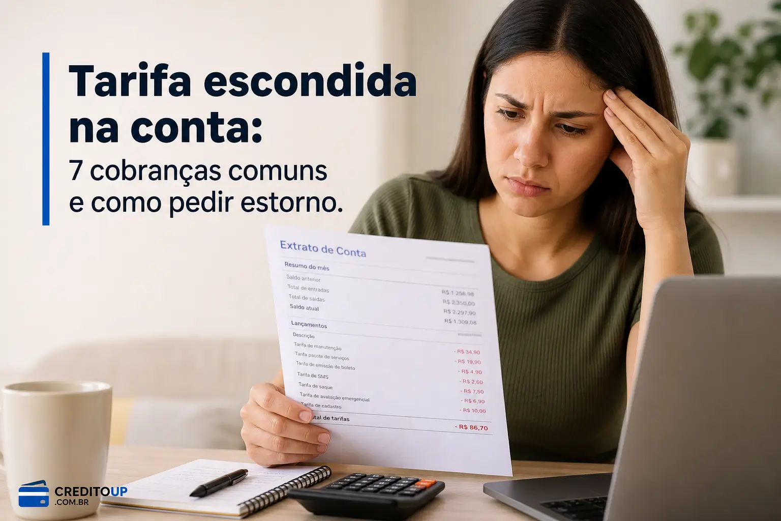 Mulher preocupada segura extrato bancário com texto sobre tarifa escondida