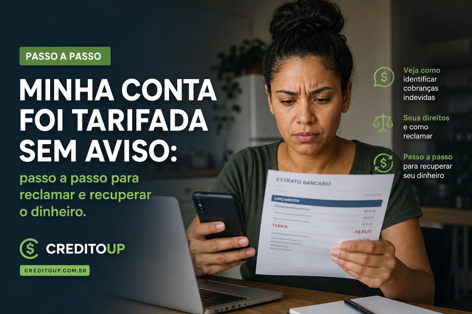 Mulher preocupada verificando extrato bancário no laptop