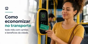 Mulher usando leitor de cartão de transporte Bilhete Único no ônibus