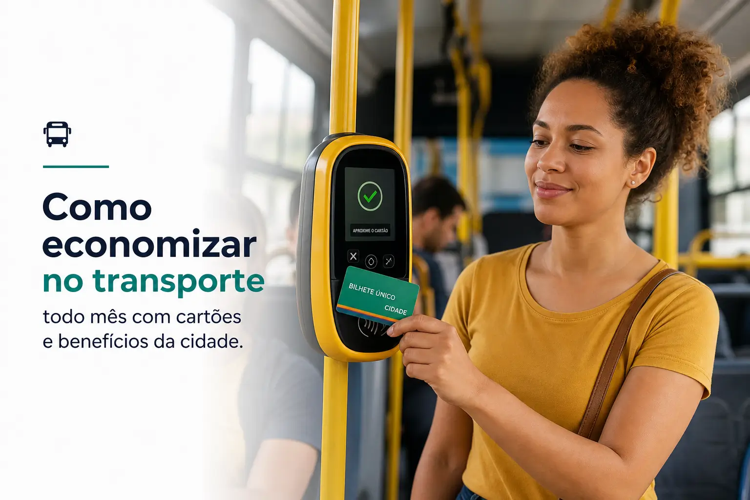 Mulher usando leitor de cartão de transporte Bilhete Único no ônibus