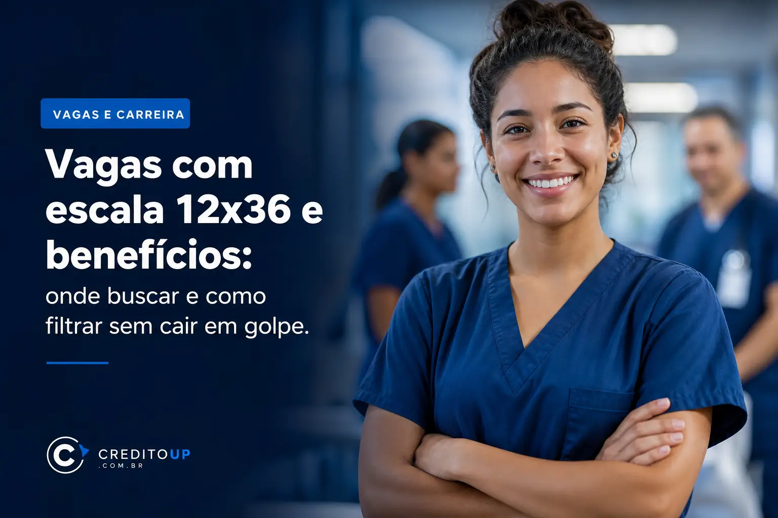 Profissional de saúde sorrindo em hospital com vagas e carreira