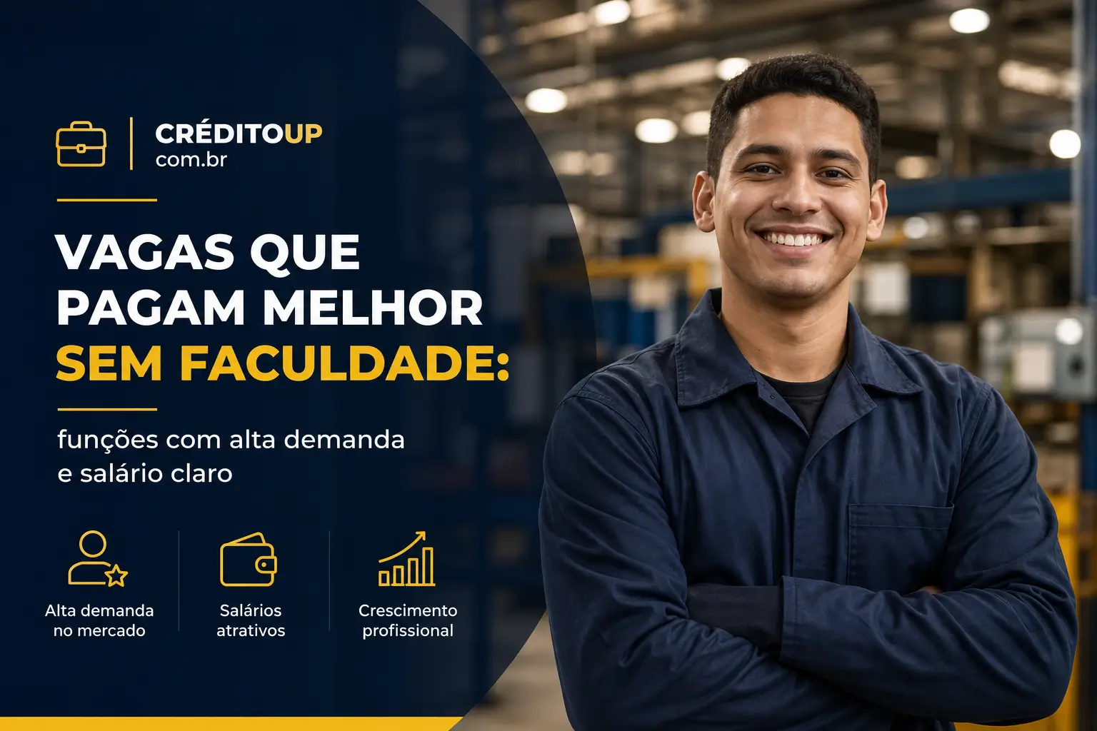 Homem sorridente em oficina com texto sobre vagas bem pagas sem faculdade