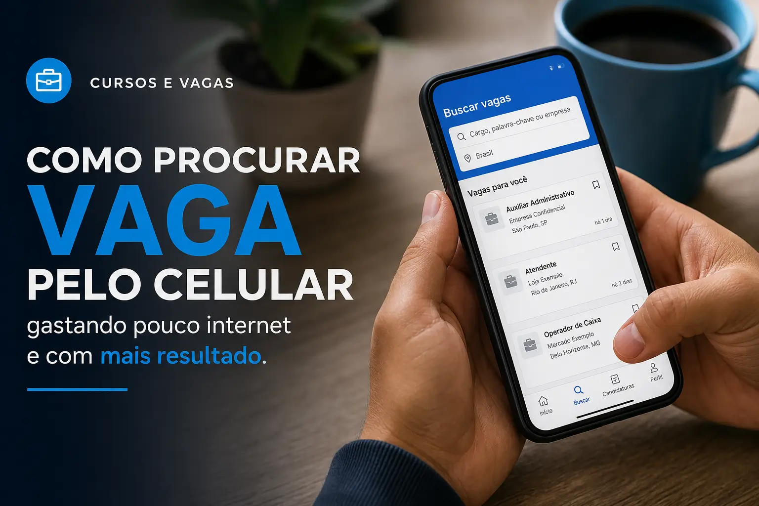 Pessoa buscando vagas no celular com foco em economia de dados