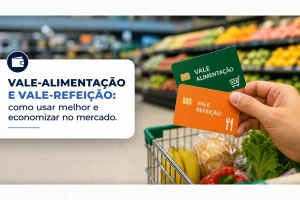 Pessoa com cartões Vale Alimentação e Vale Refeição no mercado