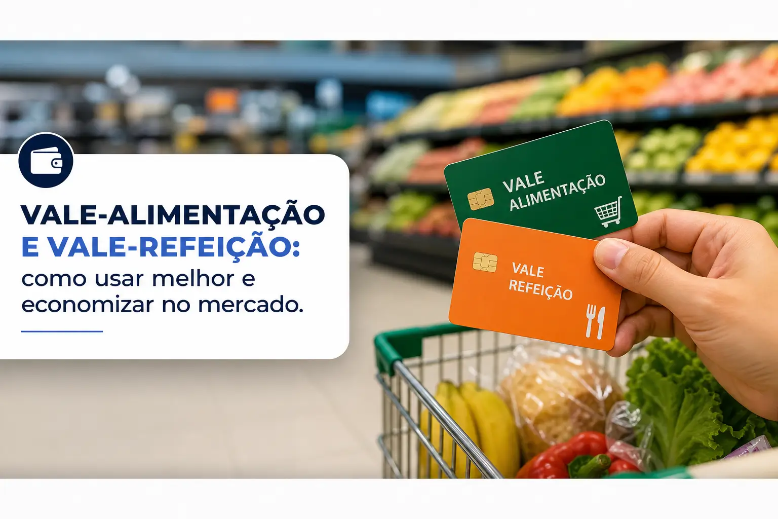 Pessoa com cartões Vale Alimentação e Vale Refeição no mercado