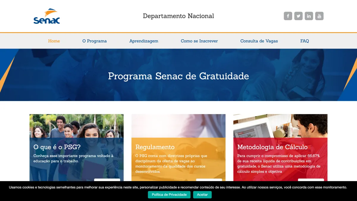 Página oficial do Programa Senac de Gratuidade no portal nacional do Senac