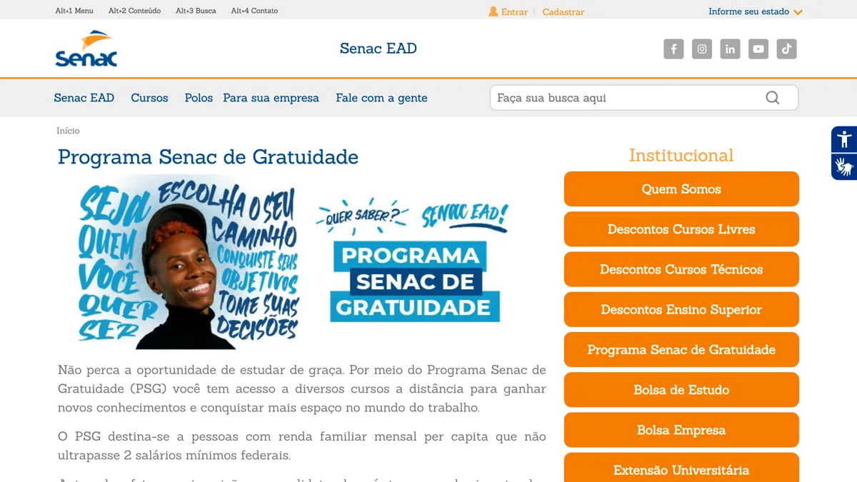 Página oficial do Programa Senac de Gratuidade no portal Senac EAD